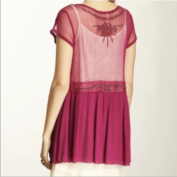 Free People| Beaded Sheer Top| Sheer Gauze Magenta Top - Picture 2 of 10